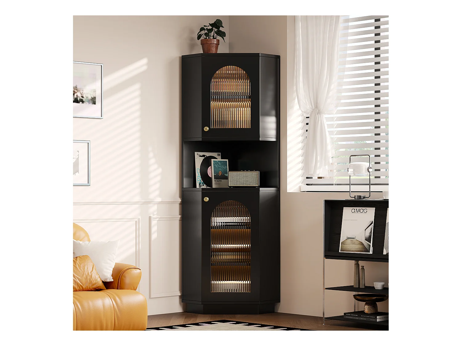 Columna de esquina para baño - con 2 puertas - con LED - estanterías ajustables - Negro