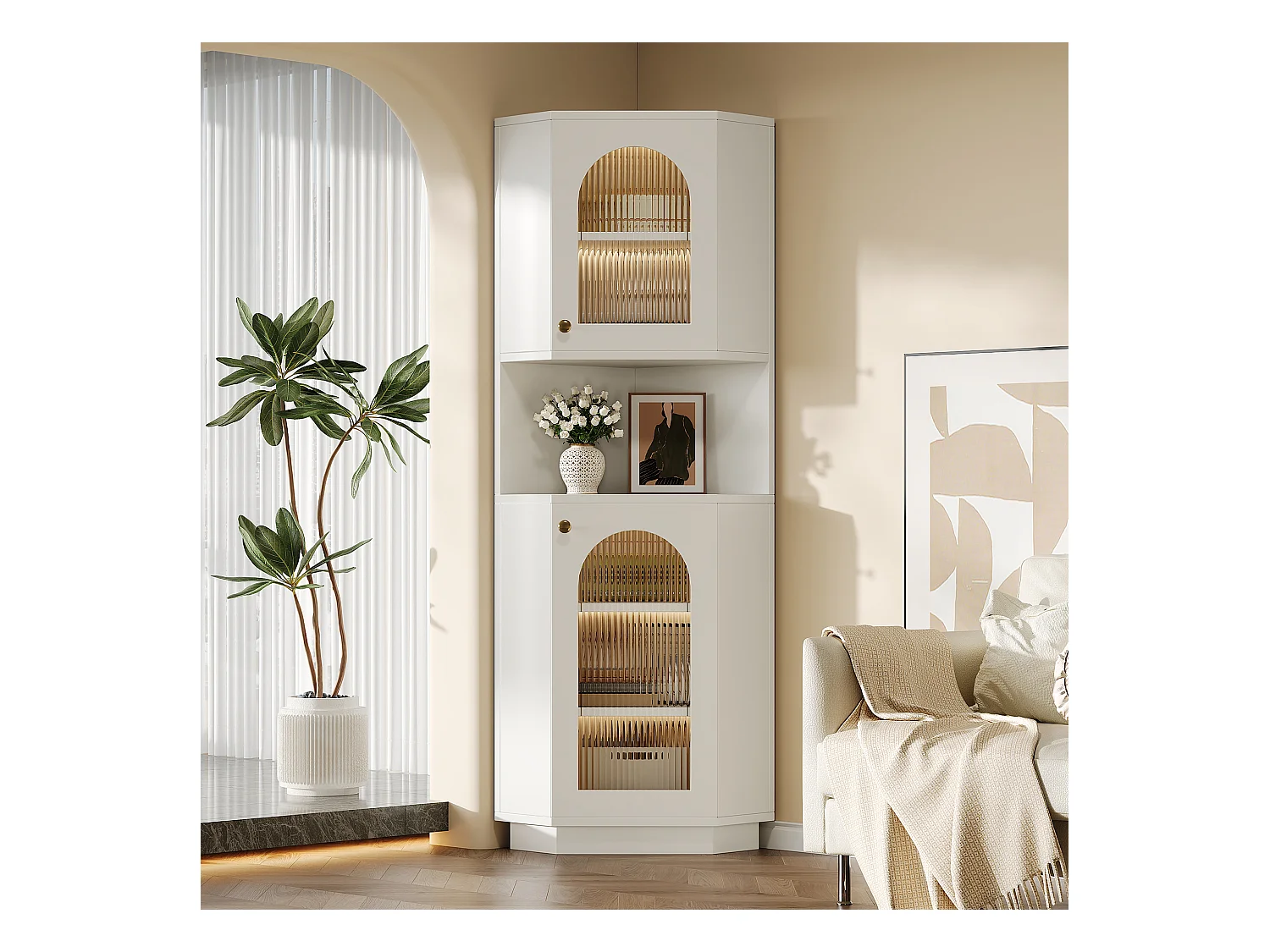 Columna de esquina para baño - con 2 puertas - con LED - estanterías ajustables - Blanco