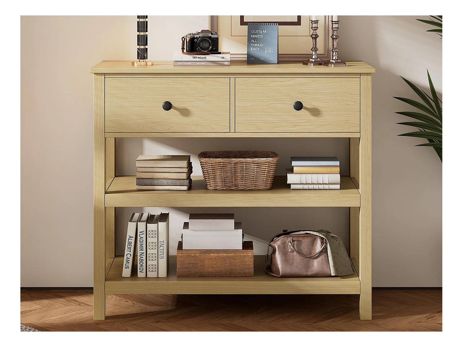 Table console moderne - avec 2 tiroirs - avec des étagères ouvertes - Naturel
