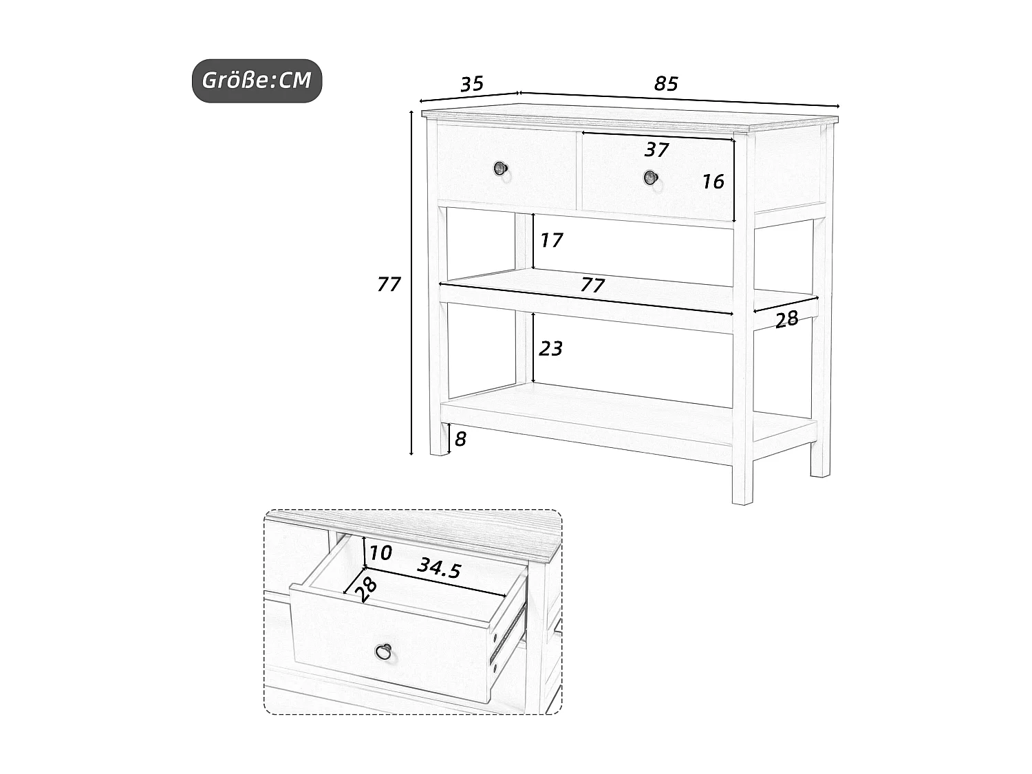 Table console moderne - avec 2 tiroirs - avec des étagères ouvertes - Naturel
