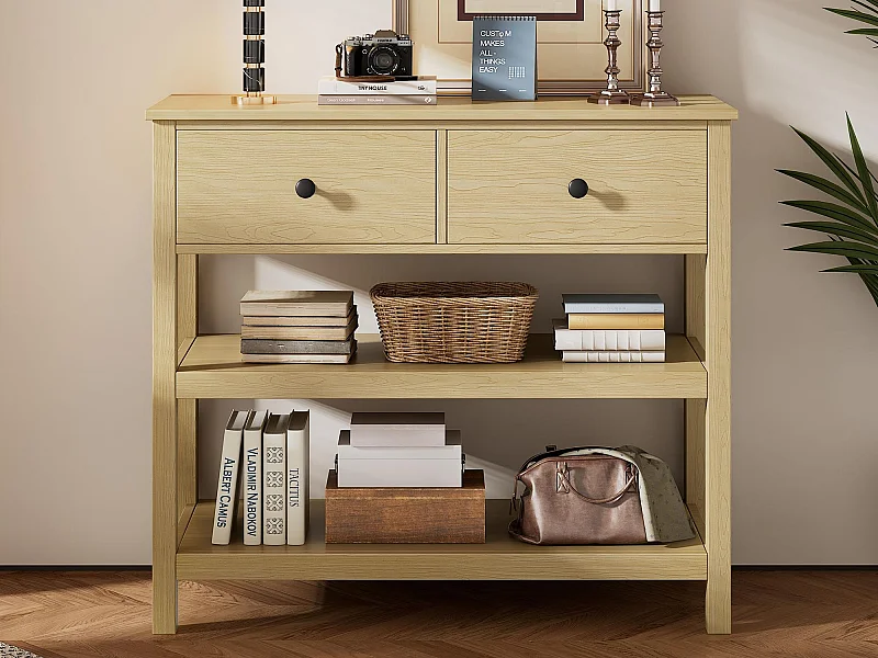 Tavolo console moderno - con 2 cassetti - con scaffali aperti - Naturale