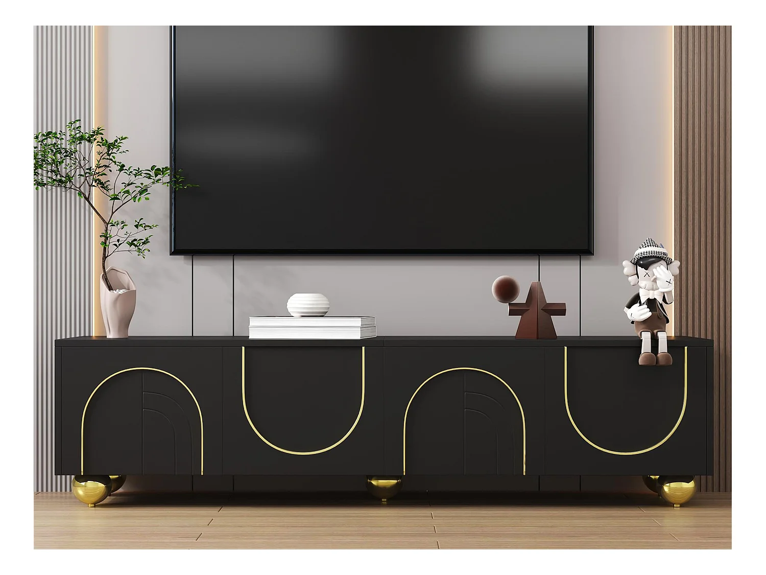 Moderne TV-meubel 170x38x44 cm - met 4 getextureerde deuren - gouden rand - ronde gouden poten - zwart