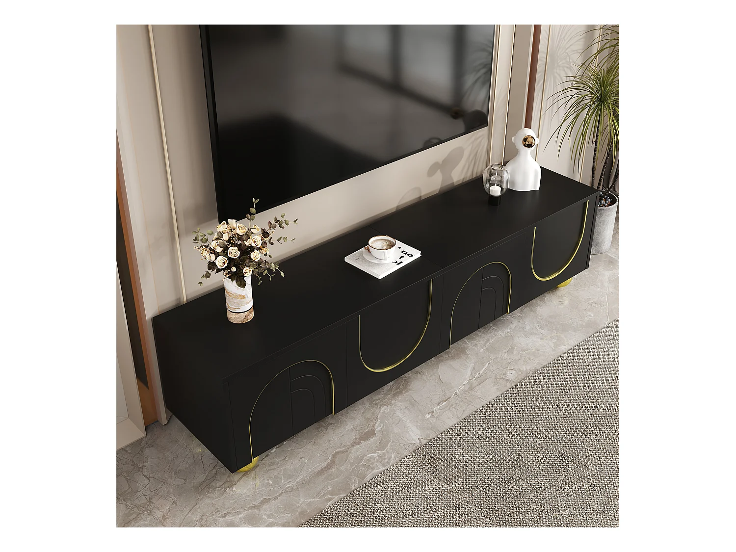 Moderne TV-meubel 170x38x44 cm - met 4 getextureerde deuren - gouden rand - ronde gouden poten - zwart