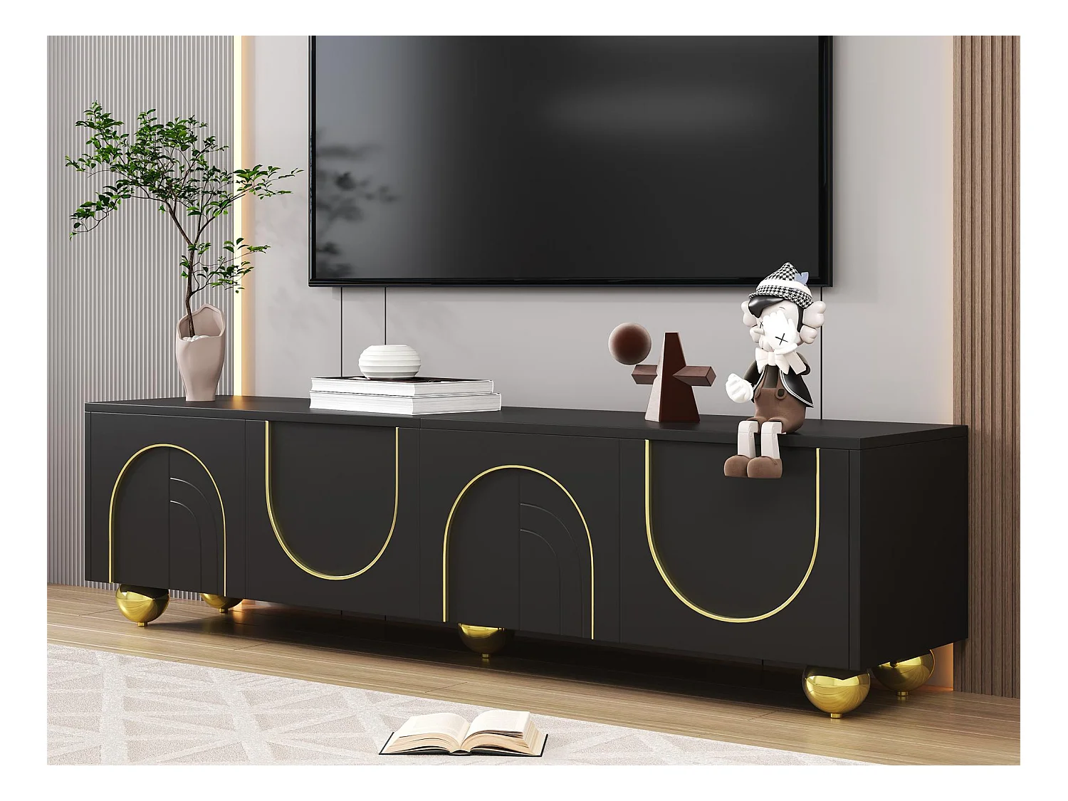 Meuble TV moderne 170x38x44cm - avec 4 portes texturées - bordure dorée - pieds ronds dorés - noir