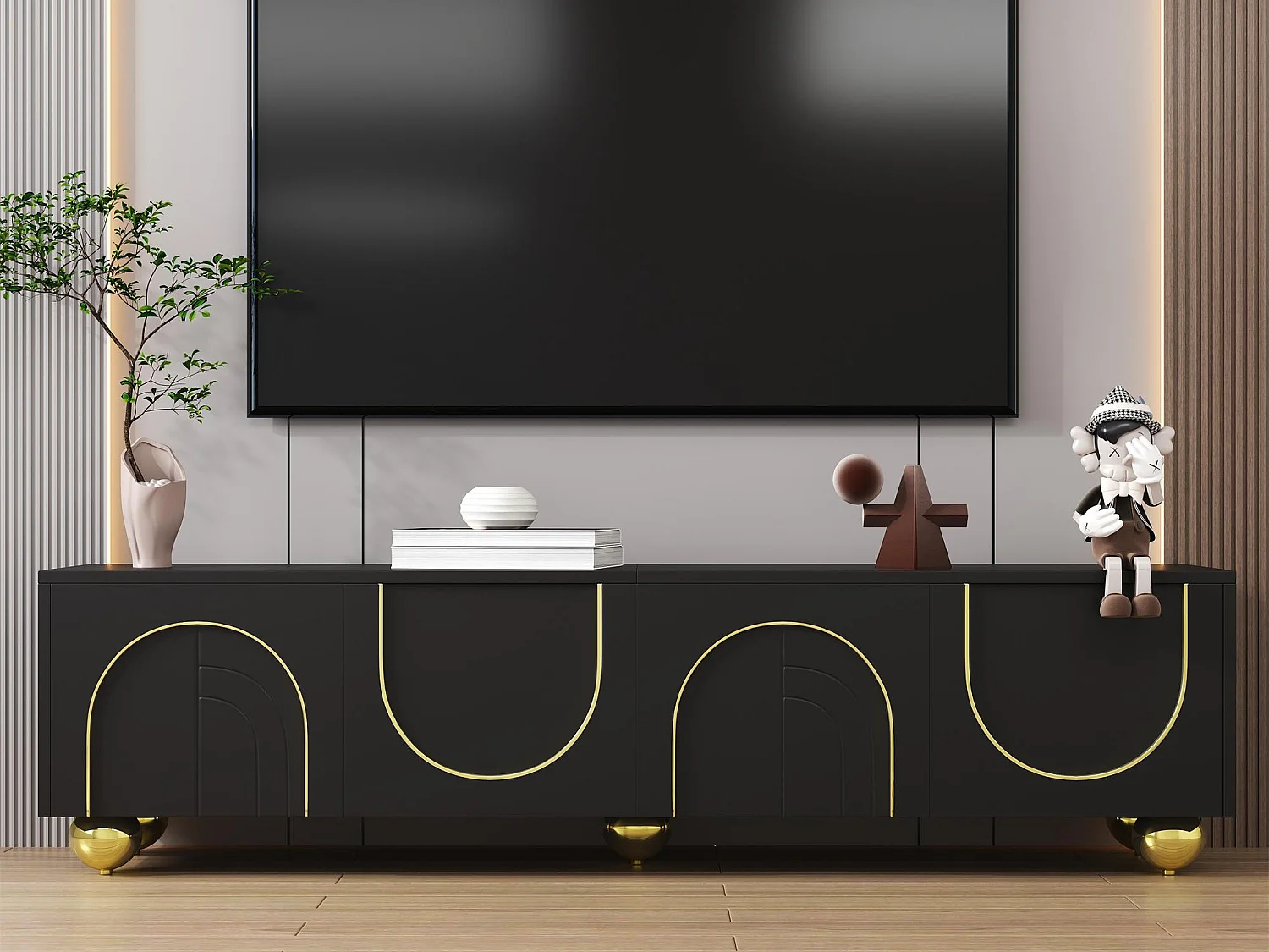 Meuble TV moderne 170x38x44cm - avec 4 portes texturées - bordure dorée - pieds ronds dorés - noir