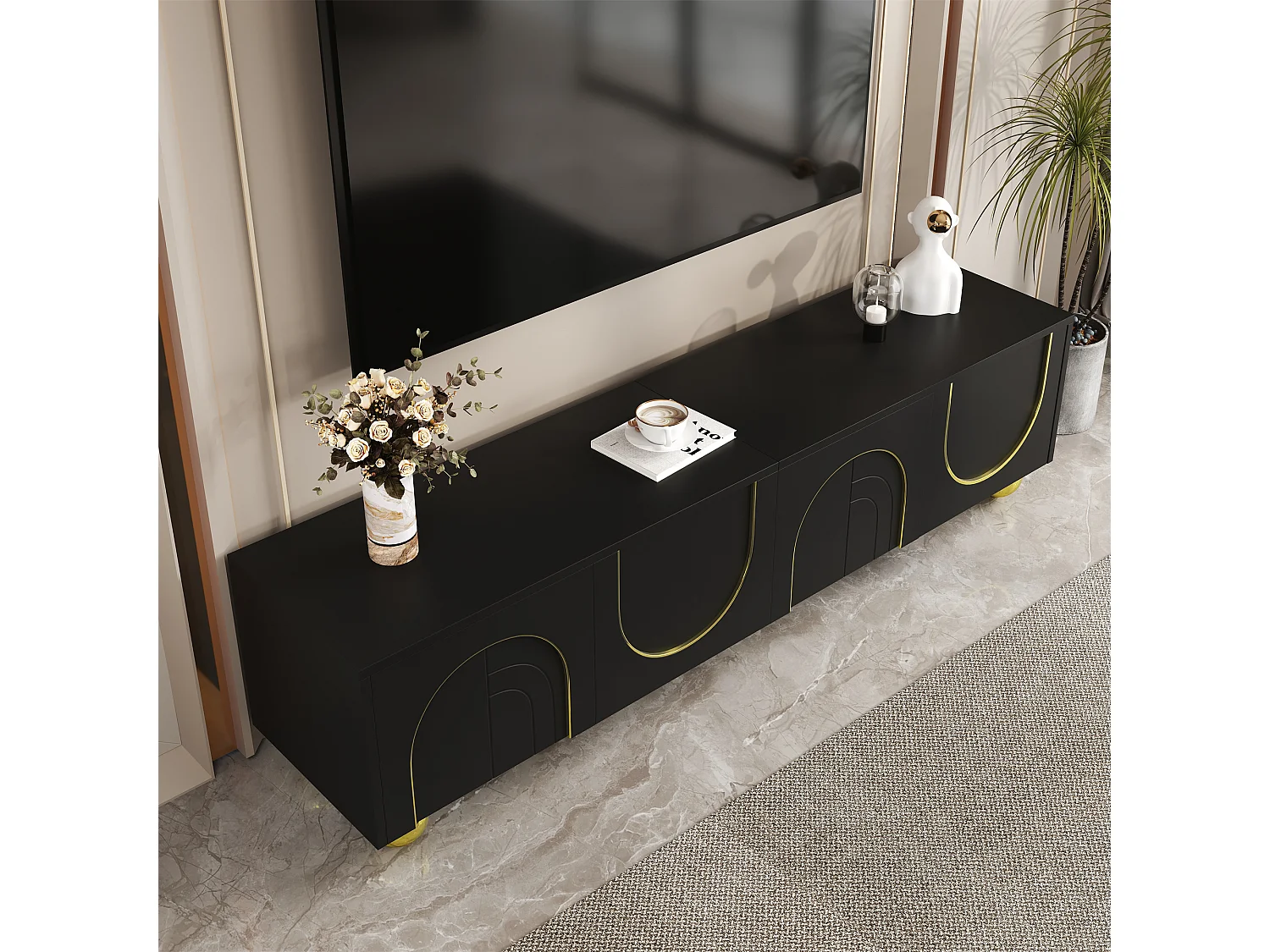 Meuble TV moderne 170x38x44cm - avec 4 portes texturées - bordure dorée - pieds ronds dorés - noir