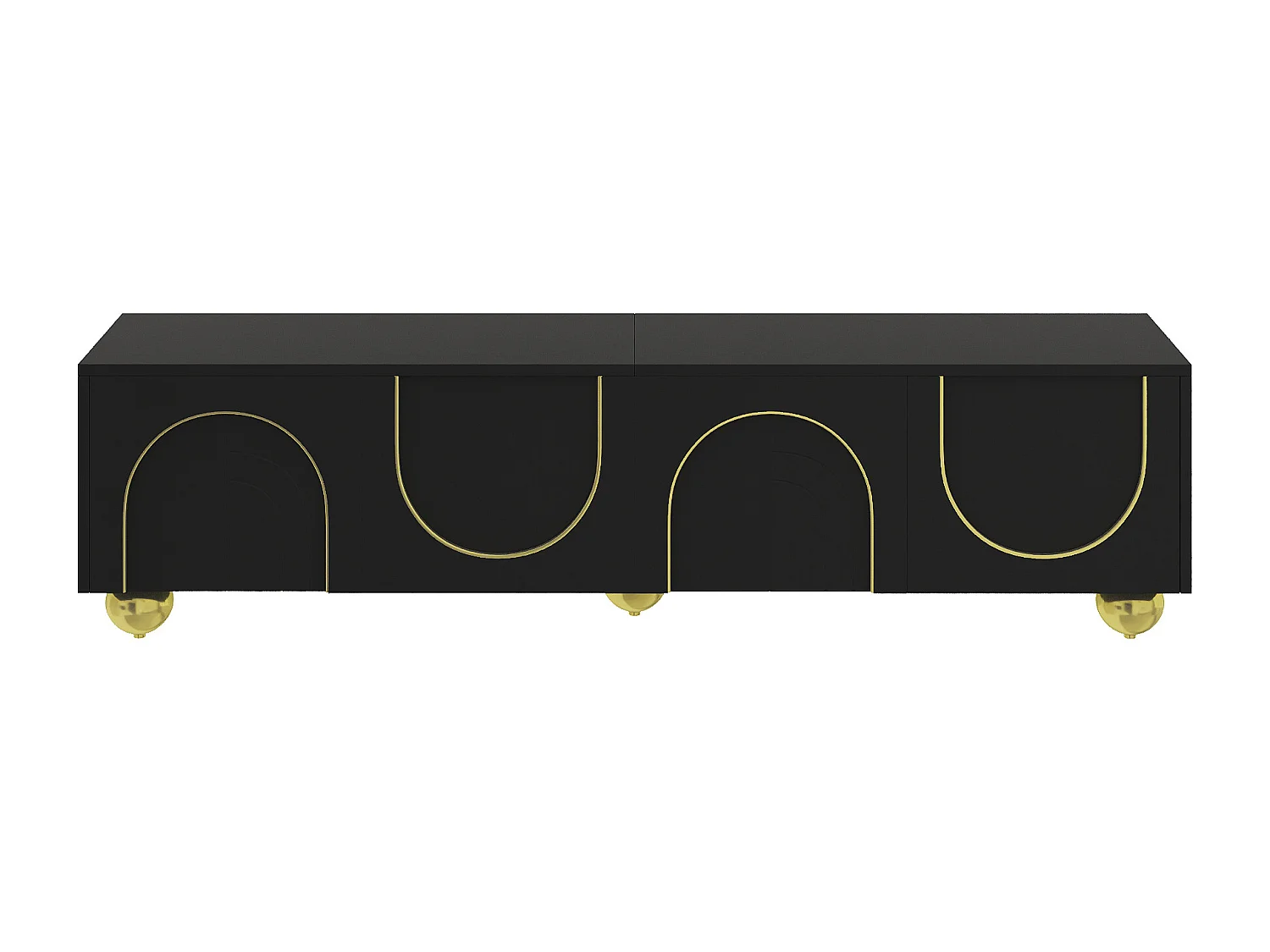 Meuble TV moderne 170x38x44cm - avec 4 portes texturées - bordure dorée - pieds ronds dorés - noir