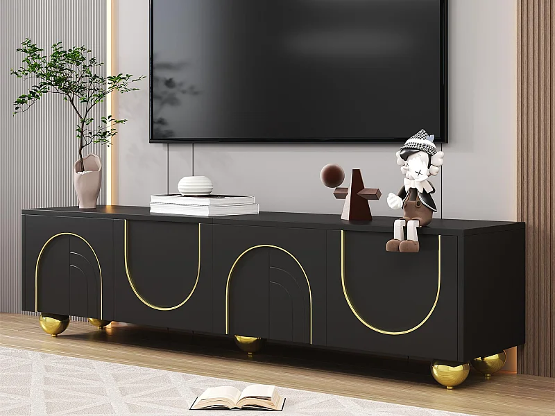 Meuble TV moderne 170x38x44cm - avec 4 portes texturées - bordure dorée - pieds ronds dorés - noir