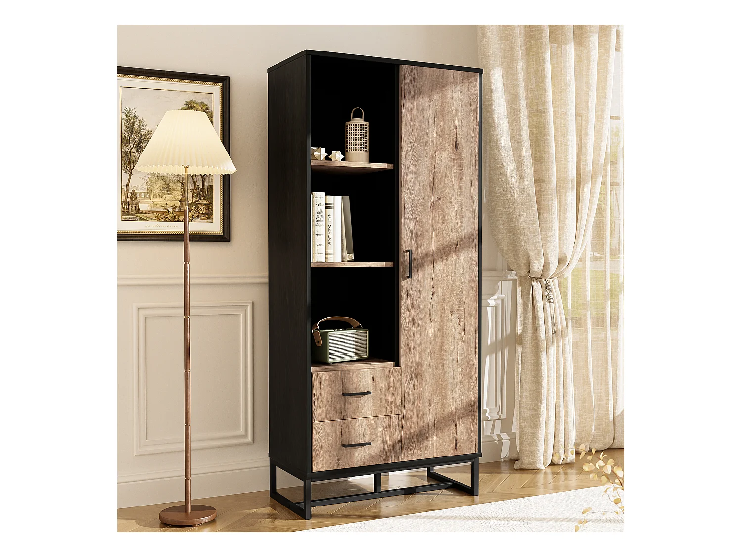 Salon Vitrine moderne 80x40x180 cm - structure noire - avec 1 porte - 2 tiroirs - 3 compartiments ouverts - noir + naturel