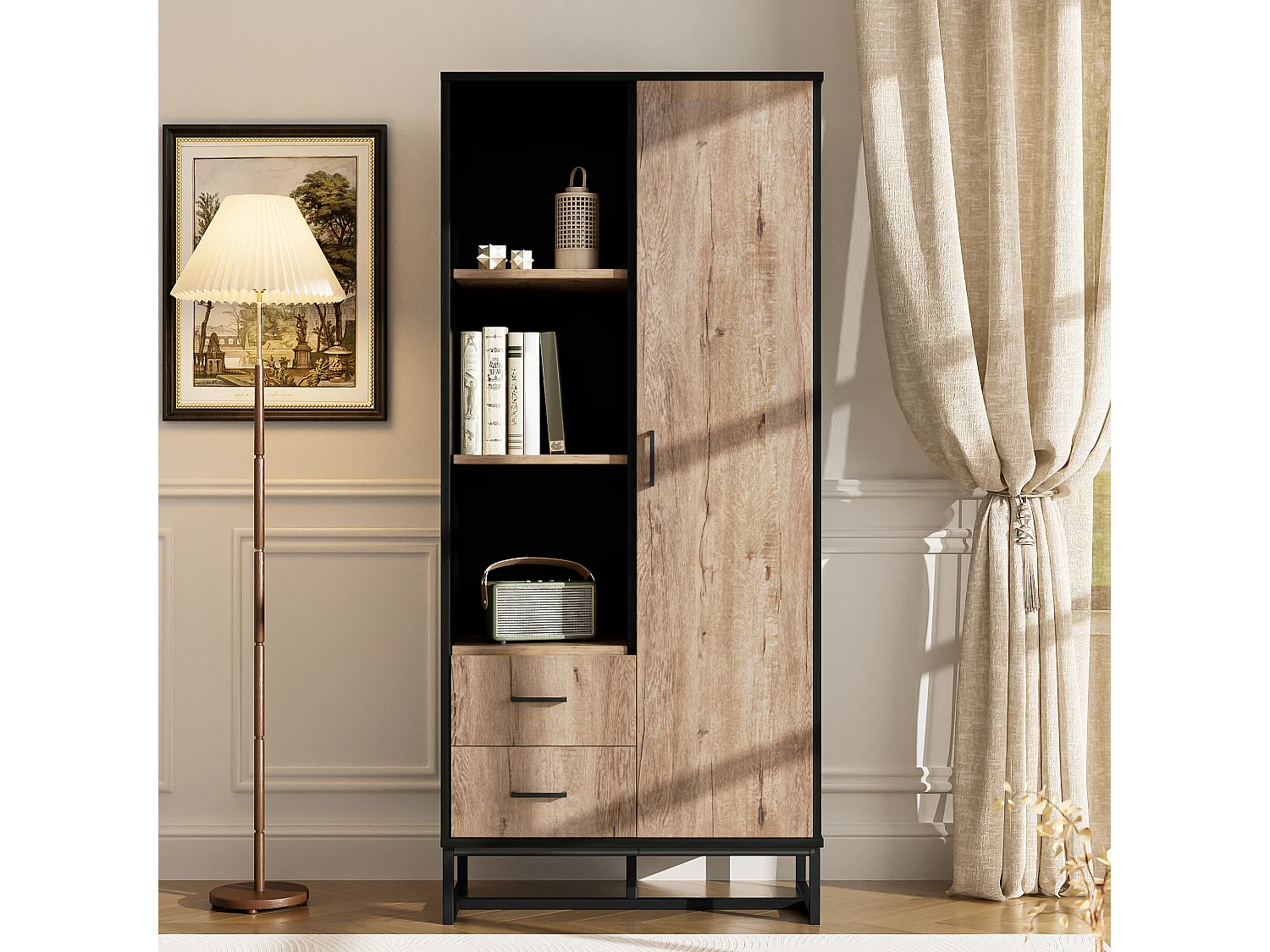 Salon Vitrine moderne 80x40x180 cm - structure noire - avec 1 porte - 2 tiroirs - 3 compartiments ouverts - noir + naturel