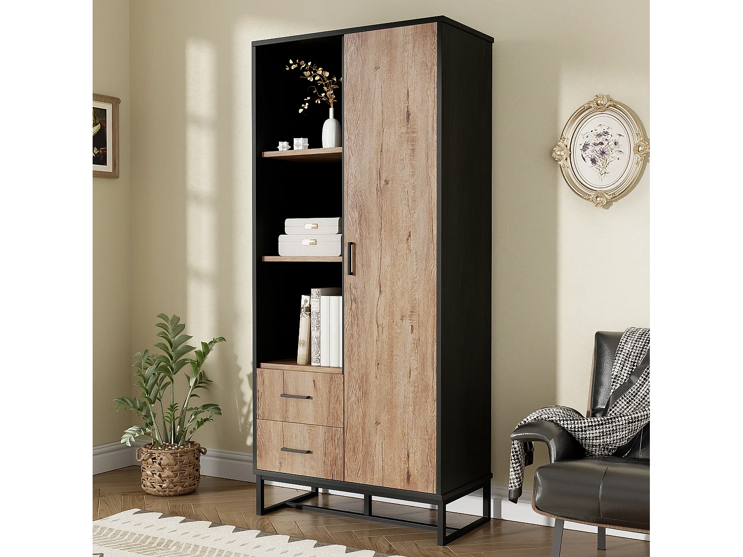 Salon Vitrine moderne 80x40x180 cm - structure noire - avec 1 porte - 2 tiroirs - 3 compartiments ouverts - noir + naturel