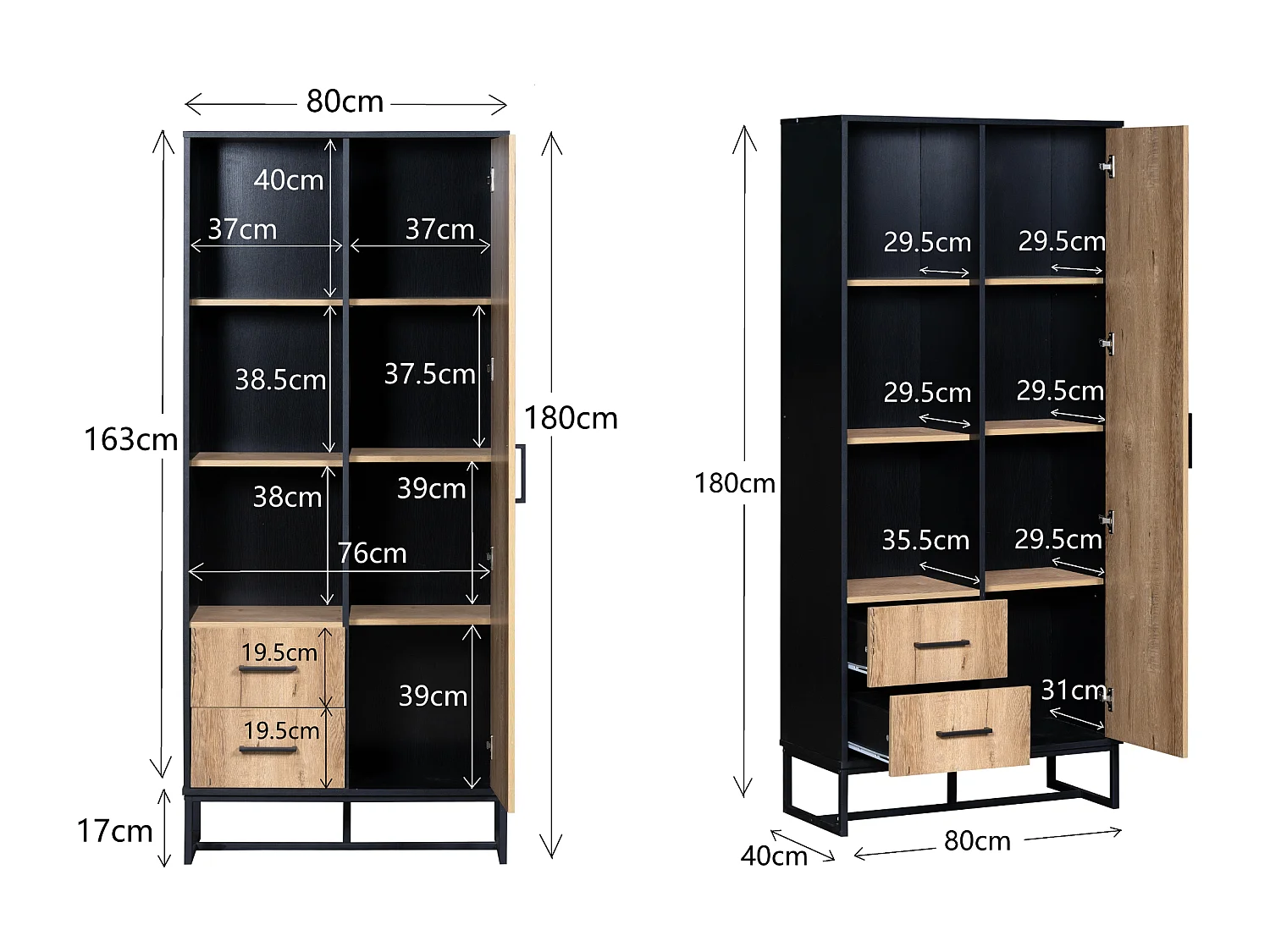 Salon Vitrine moderne 80x40x180 cm - structure noire - avec 1 porte - 2 tiroirs - 3 compartiments ouverts - noir + naturel