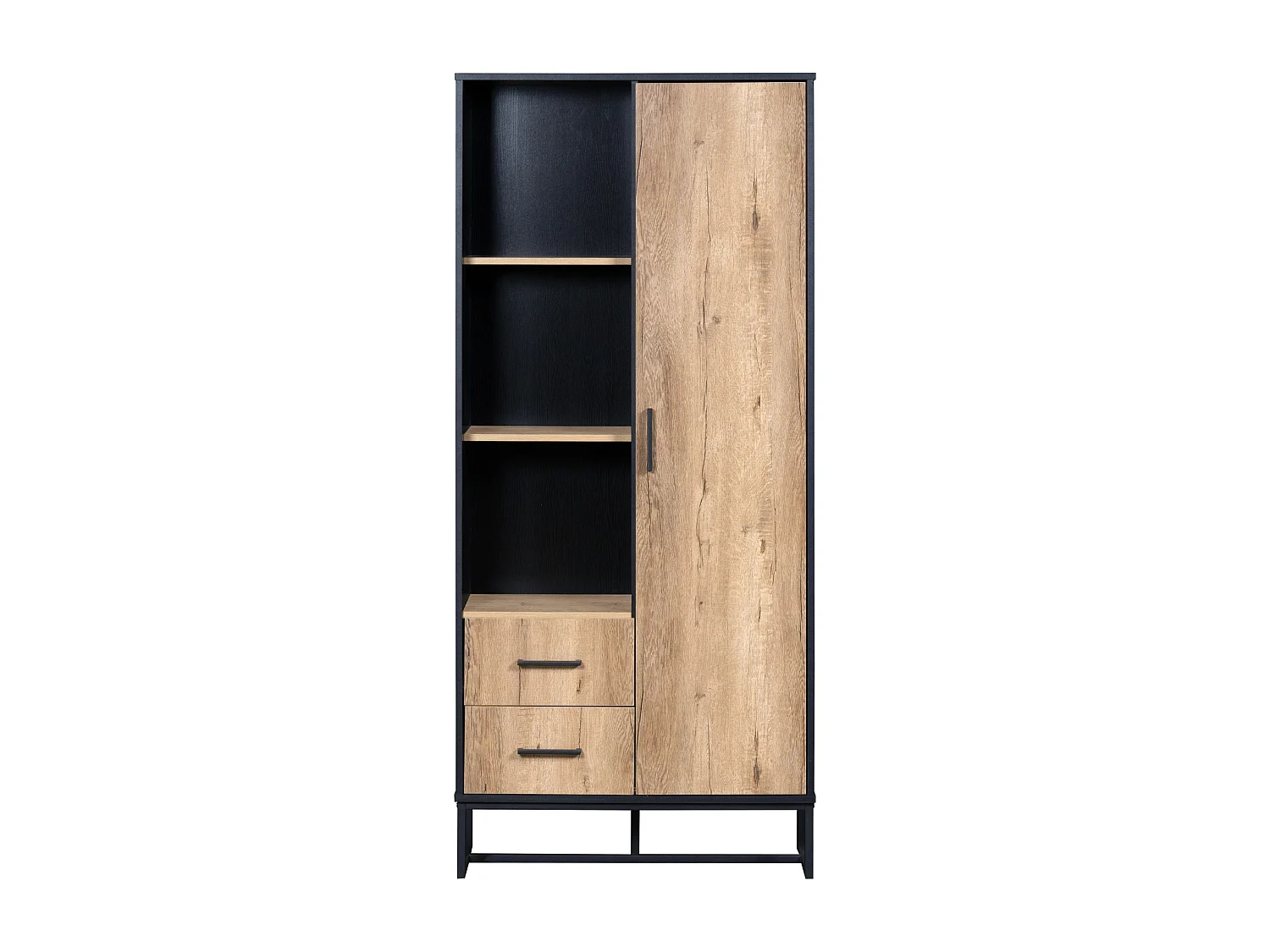 Salon Vitrine moderne 80x40x180 cm - structure noire - avec 1 porte - 2 tiroirs - 3 compartiments ouverts - noir + naturel