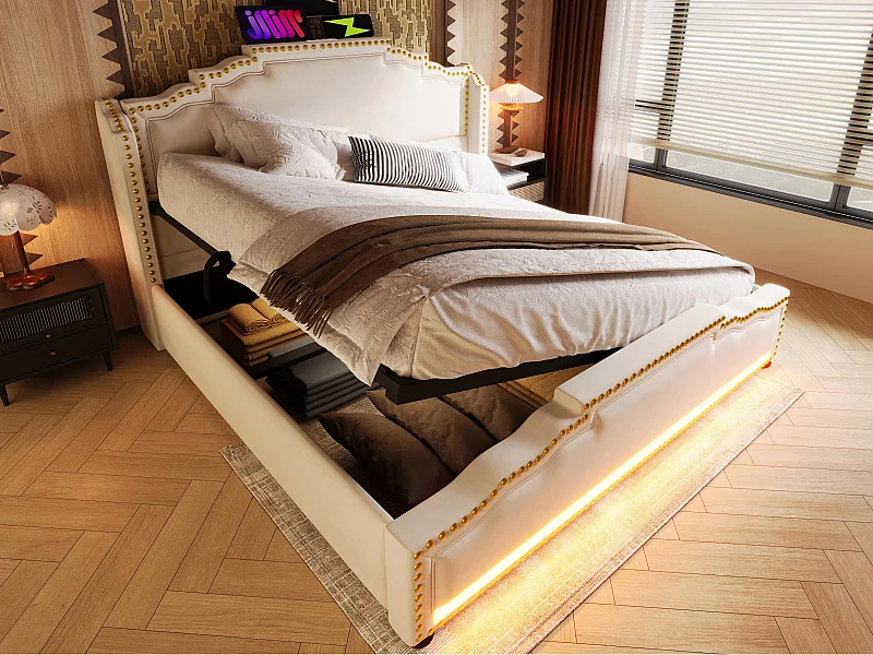 Polsterbett mit Stauraum 160 x 200 cm - Mit USB-Ladefunktion und LED-Beleuchtung an den Bettfüßen - Beige