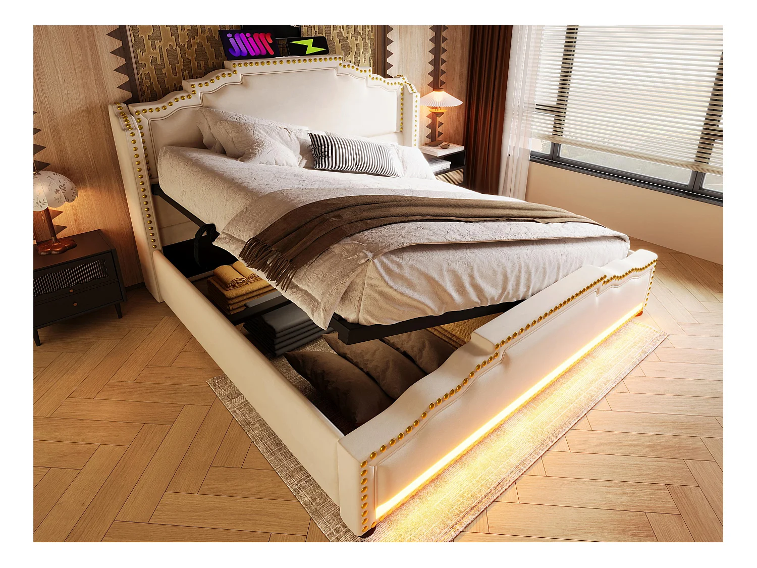 Lit coffre capitonné 160 x 200 cm - avec USB fonction de recharge et LED au pied du lit - Beige
