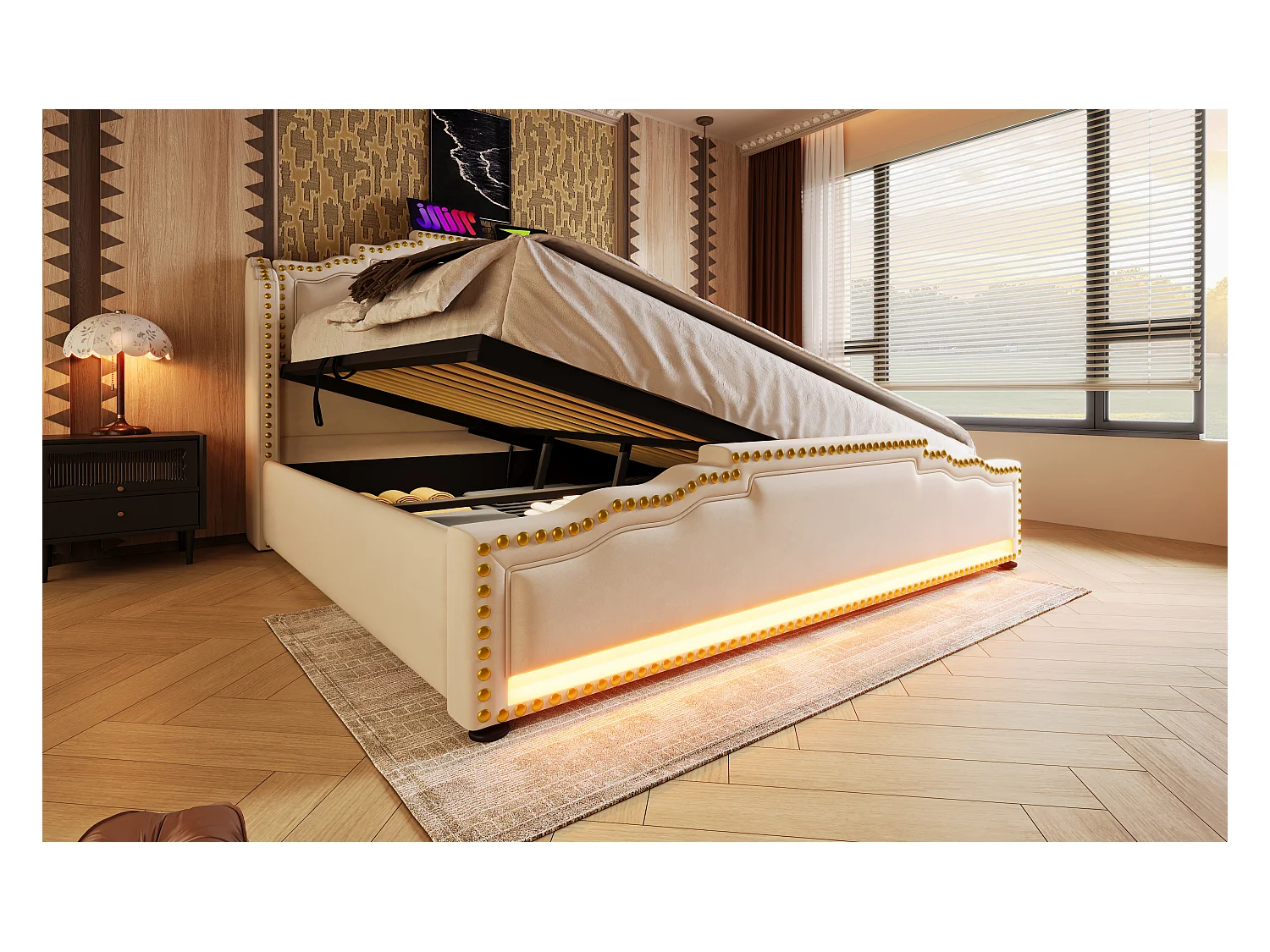 Lit coffre capitonné 160 x 200 cm - avec USB fonction de recharge et LED au pied du lit - Beige