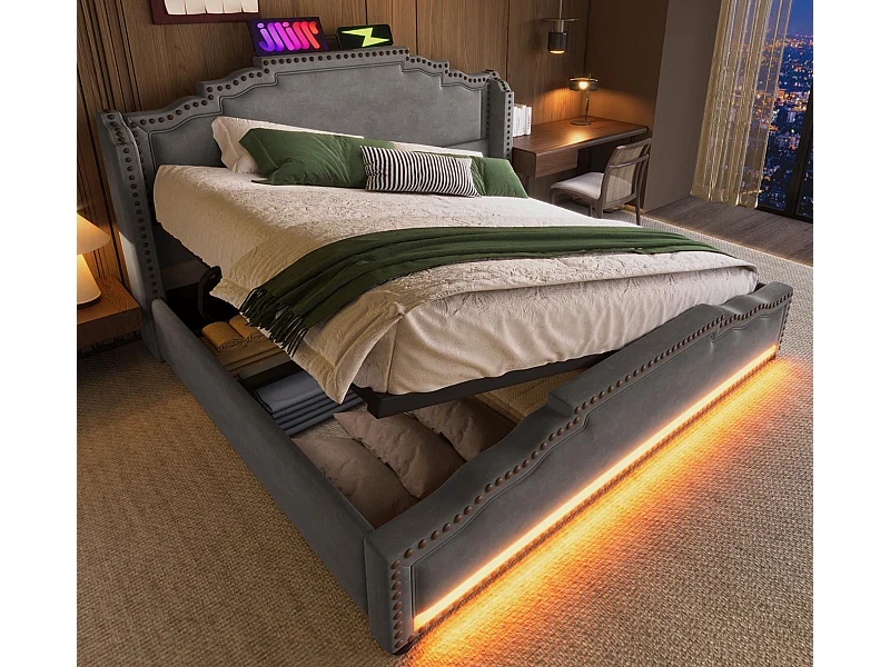 Lit coffre capitonné 140 x 200 cm - avec USB fonction de recharge et LED au pied du lit - Gris