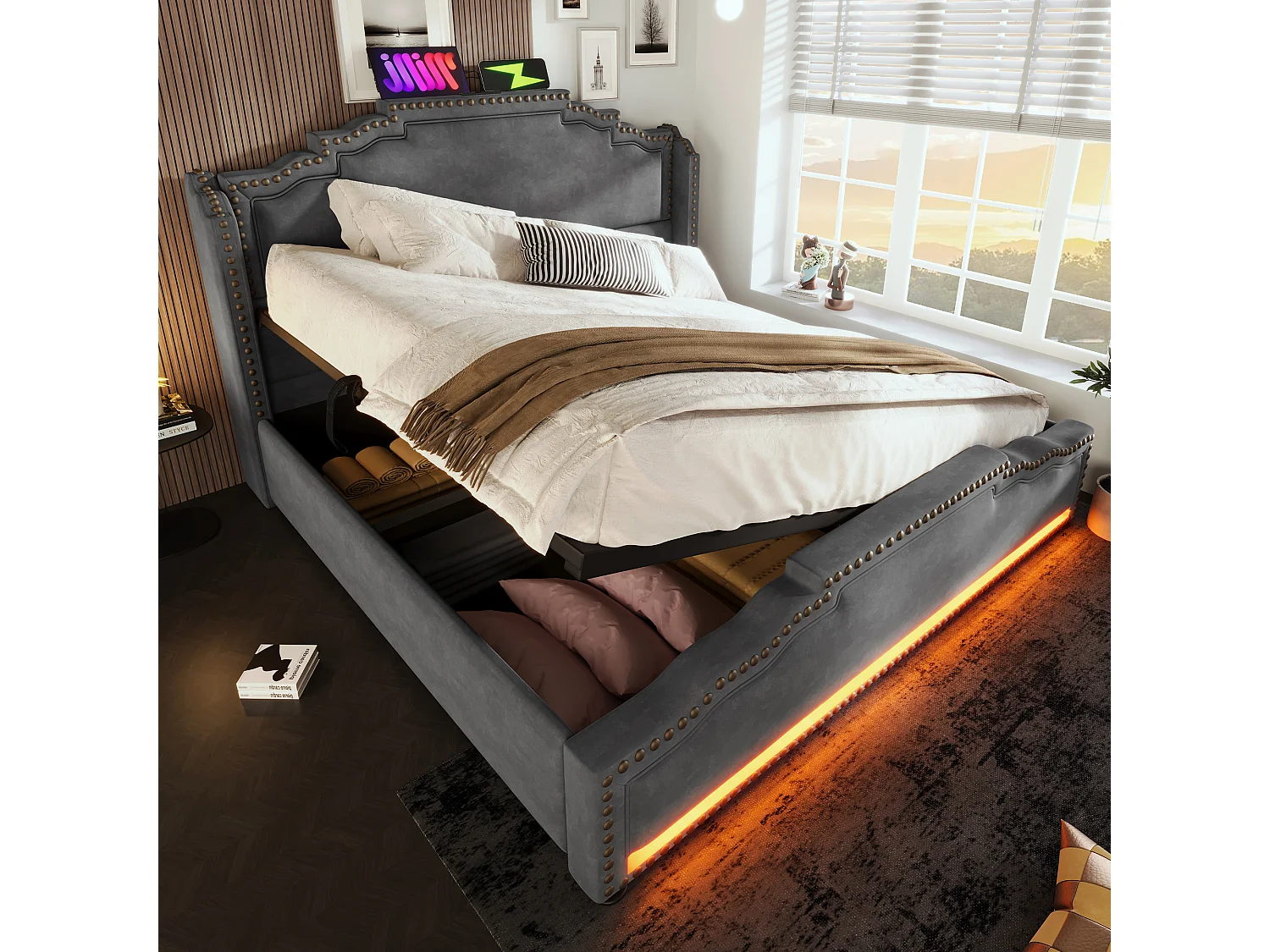 Lit coffre capitonné 140 x 200 cm - avec USB fonction de recharge et LED au pied du lit - Gris