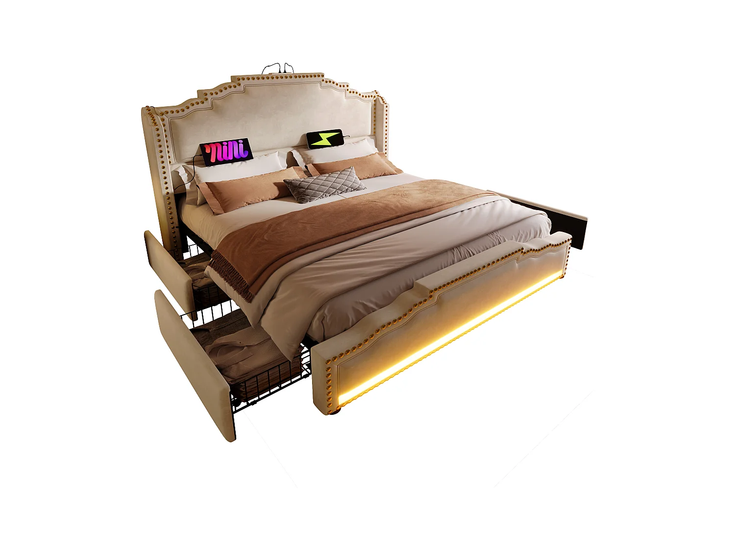 Gestoffeerd tweepersoonsbed 160x200 cm – met 4 lades – met LED-verlichting en oplaadpoorten – Beige