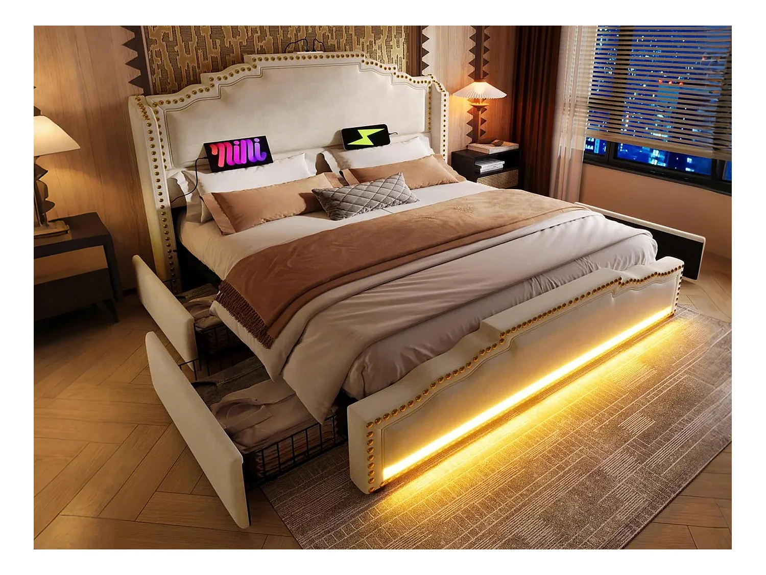 Lit double rembourré 160x200cm - avec 4 tiroirs - avec LED et ports de charge - Beige