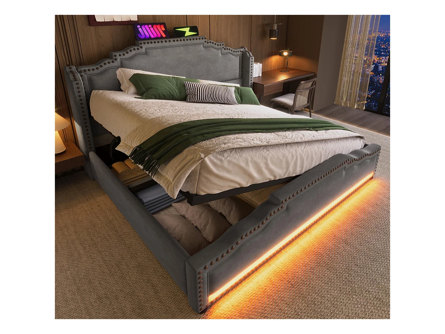 Lit coffre capitonné 160 x 200 cm - avec USB fonction de recharge et LED au pied du lit - Gris