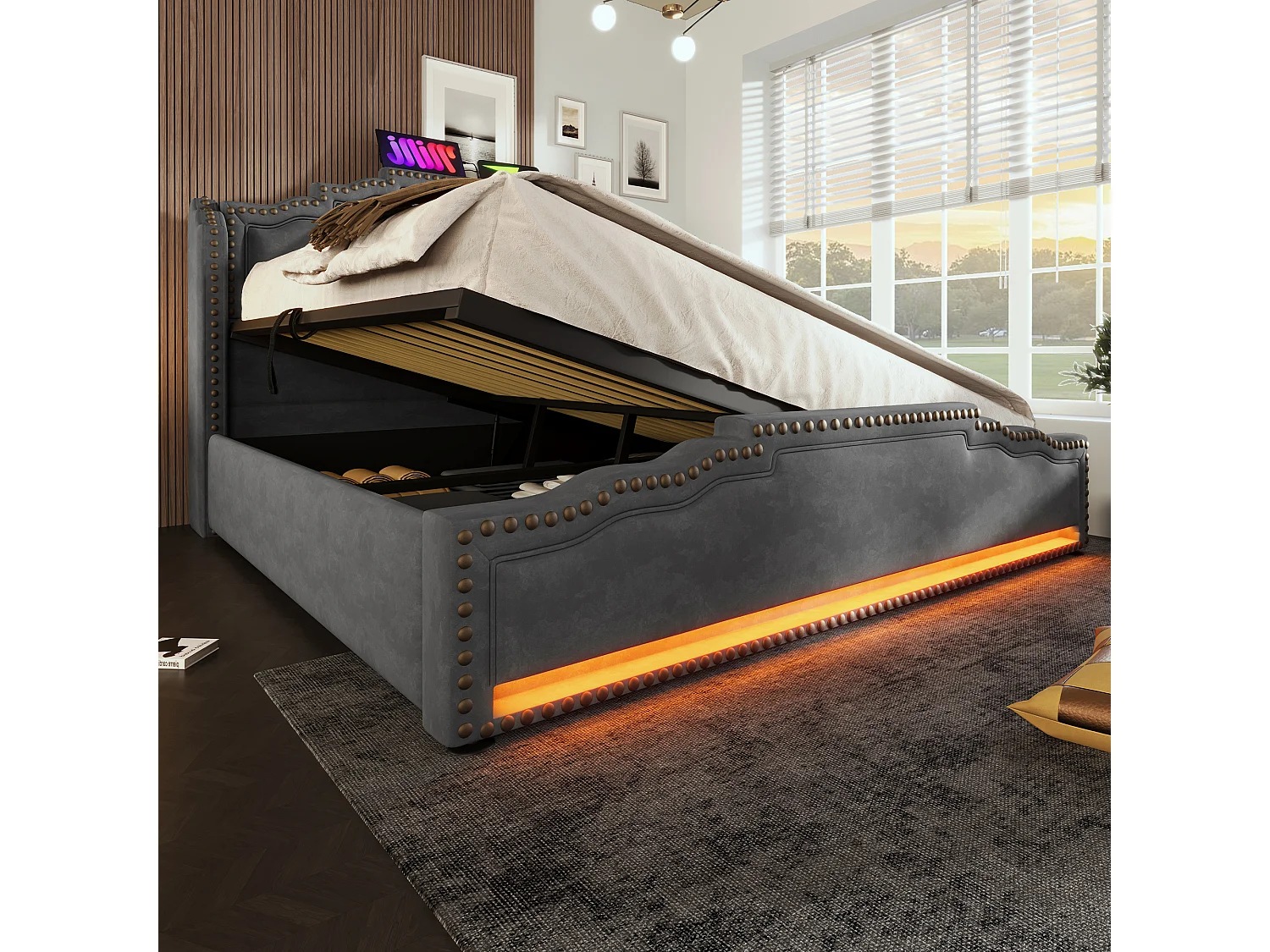 Lit coffre capitonné 160 x 200 cm - avec USB fonction de recharge et LED au pied du lit - Gris