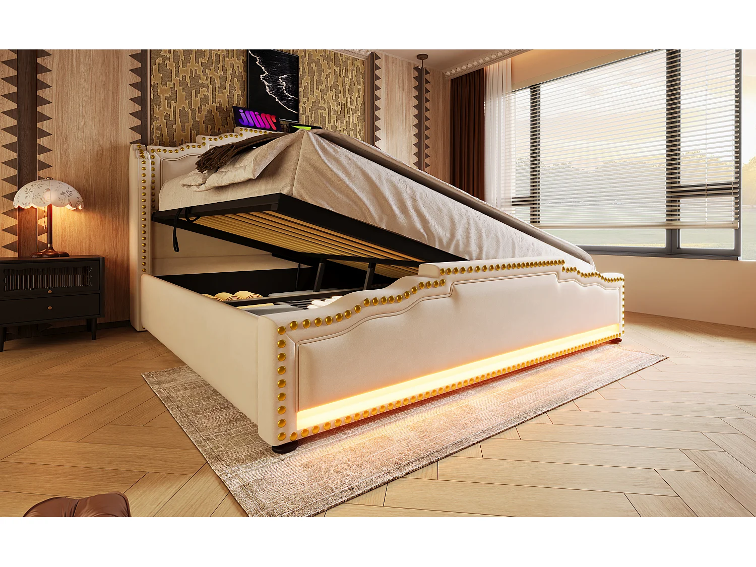 Lit coffre capitonné 140 x 200 cm - avec USB fonction de recharge et LED au pied du lit - Beige