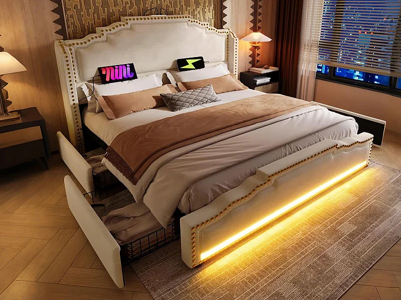 Lit double rembourré 140x200cm - avec 4 tiroirs - avec LED et ports de charge - Beige