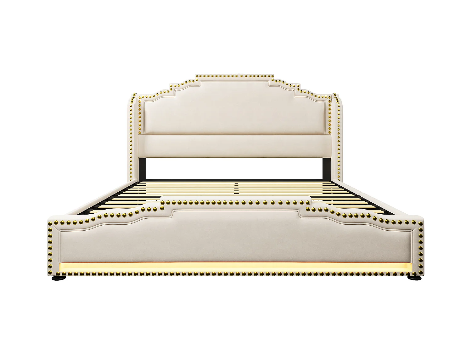 Gestoffeerd tweepersoonsbed 140x200 cm – met 4 lades – met LED-verlichting en oplaadpoorten – Beige