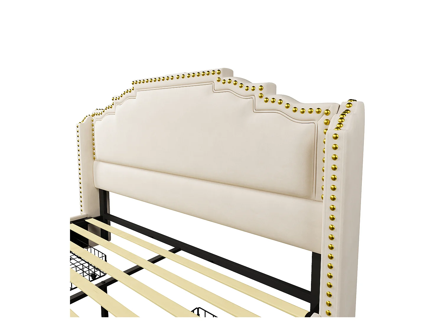 Gestoffeerd tweepersoonsbed 140x200 cm – met 4 lades – met LED-verlichting en oplaadpoorten – Beige