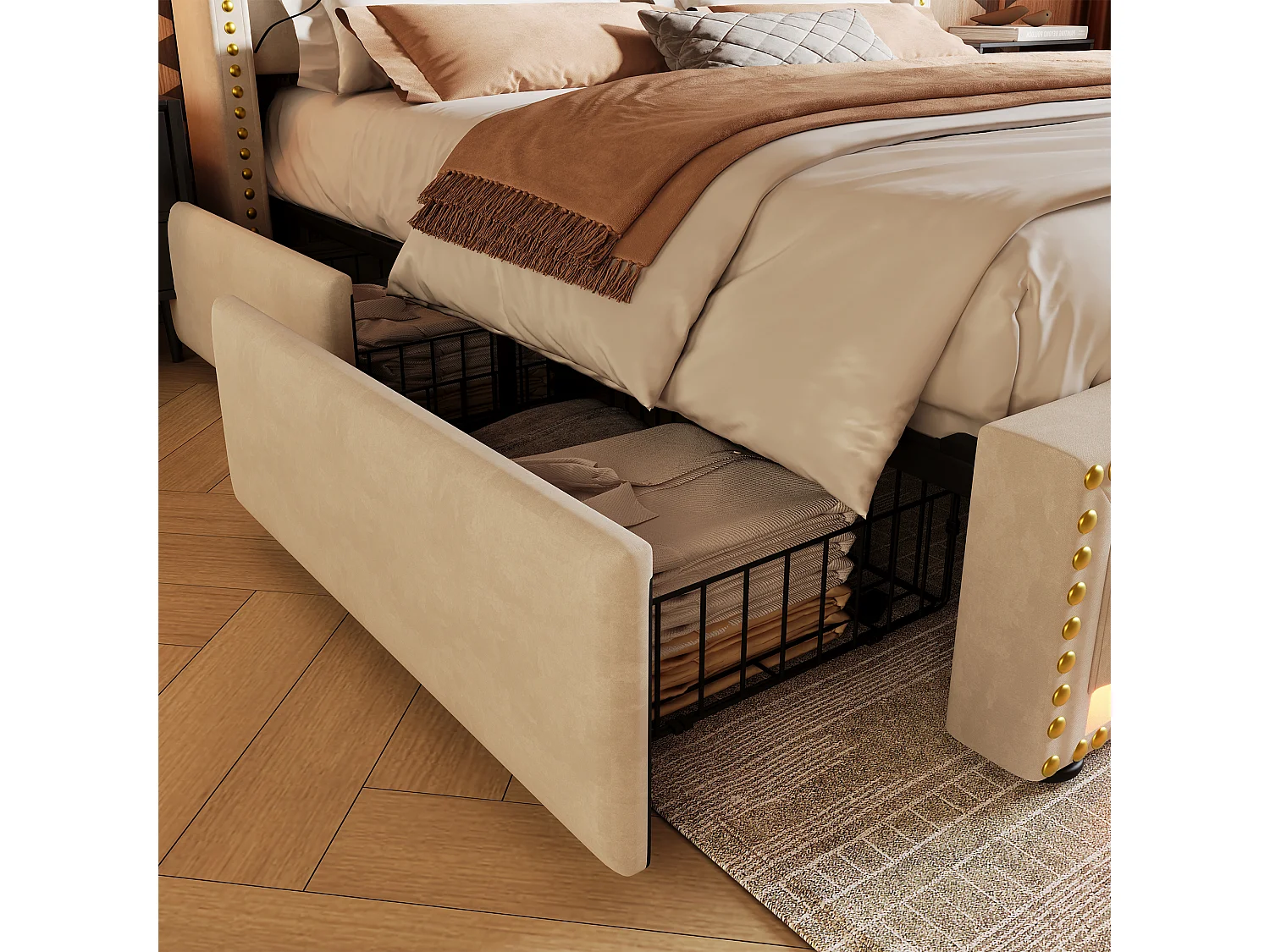 Lit double rembourré 180x200cm - avec 4 tiroirs - avec LED et ports de charge - Beige