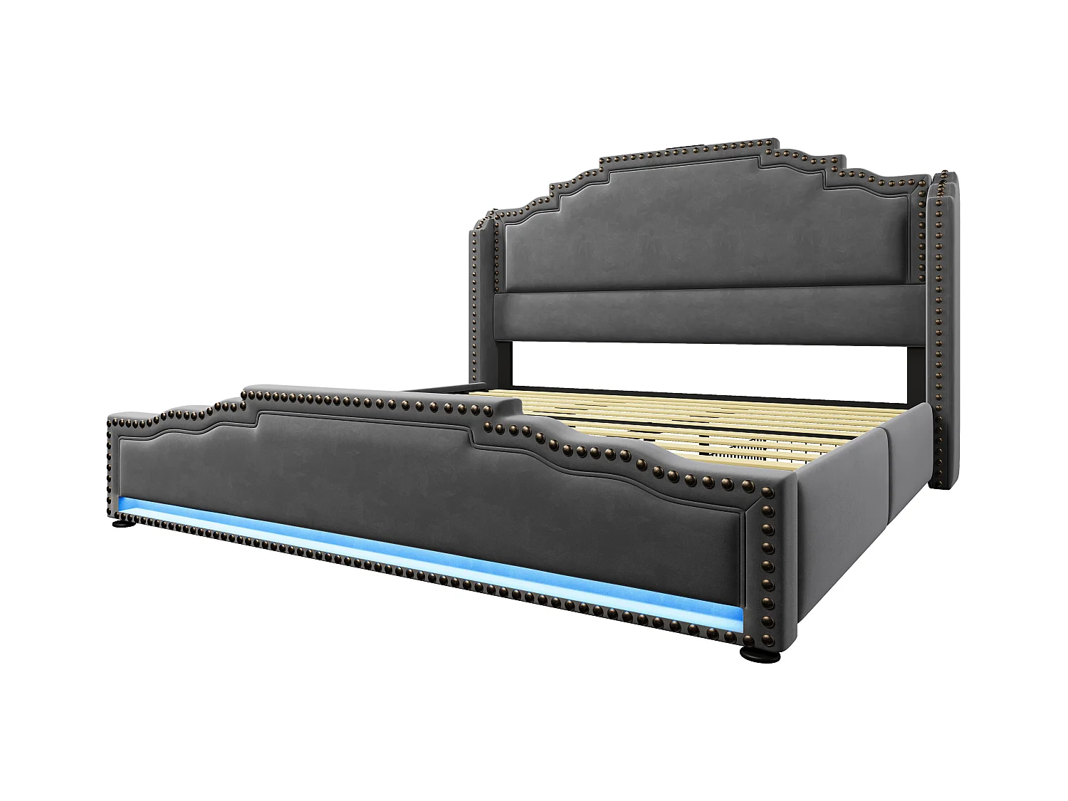 Gepolstertes Doppelbett 180x200 cm – mit 4 Schubladen – mit LED und Ladeanschlüssen – Grau