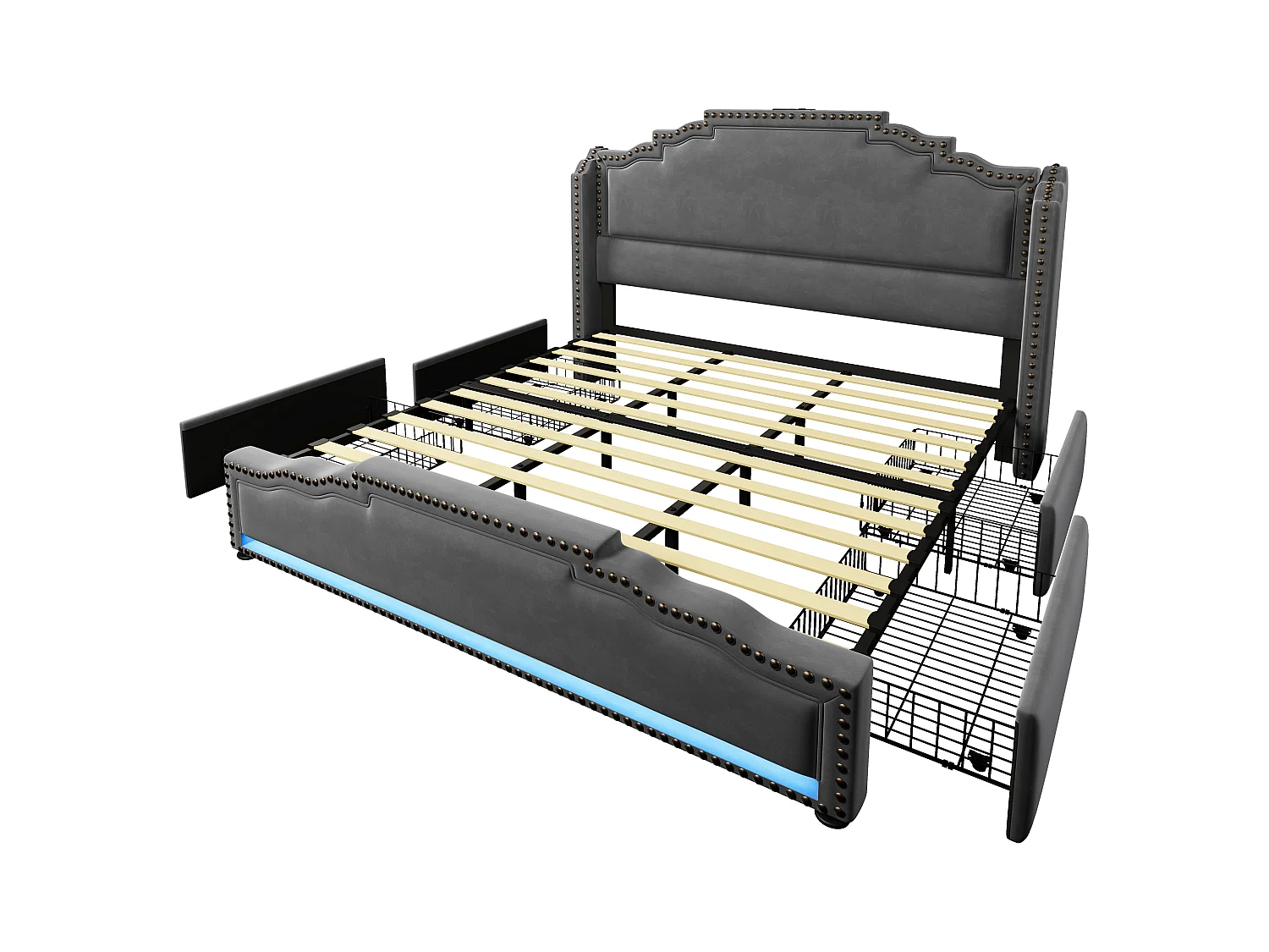 Gepolstertes Doppelbett 180x200 cm – mit 4 Schubladen – mit LED und Ladeanschlüssen – Grau