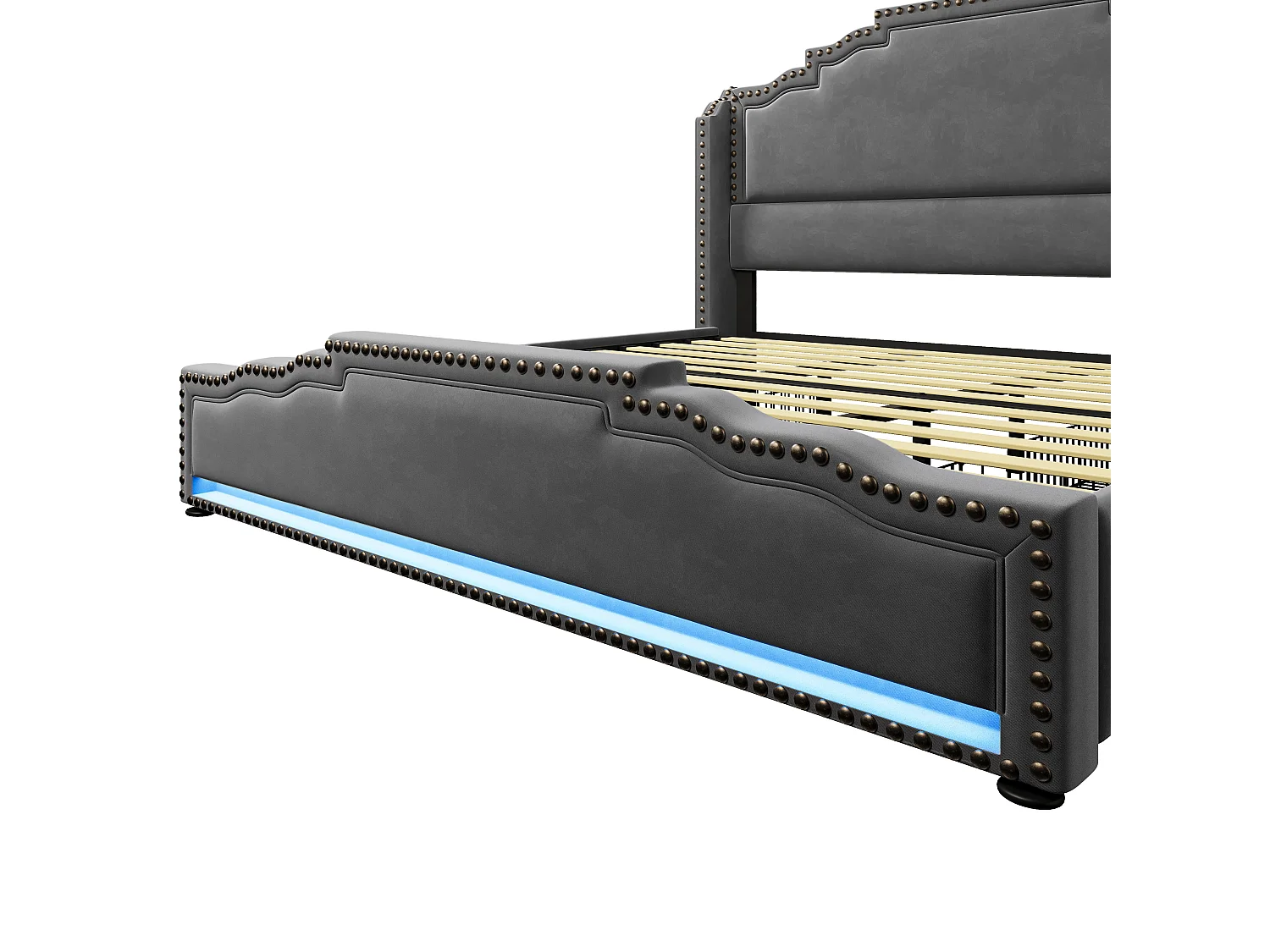 Lit double rembourré 180x200cm - avec 4 tiroirs - avec LED et ports de charge - Gris