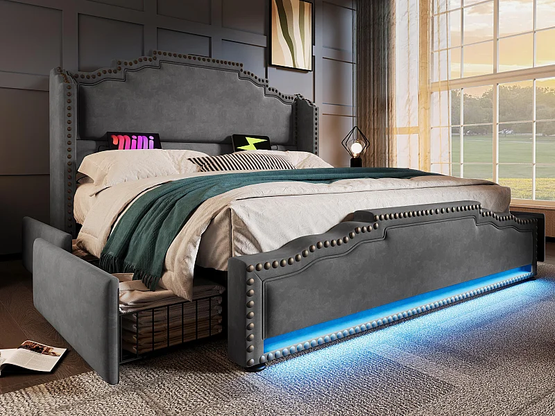 Gepolstertes Doppelbett 180x200 cm – mit 4 Schubladen – mit LED und Ladeanschlüssen – Grau