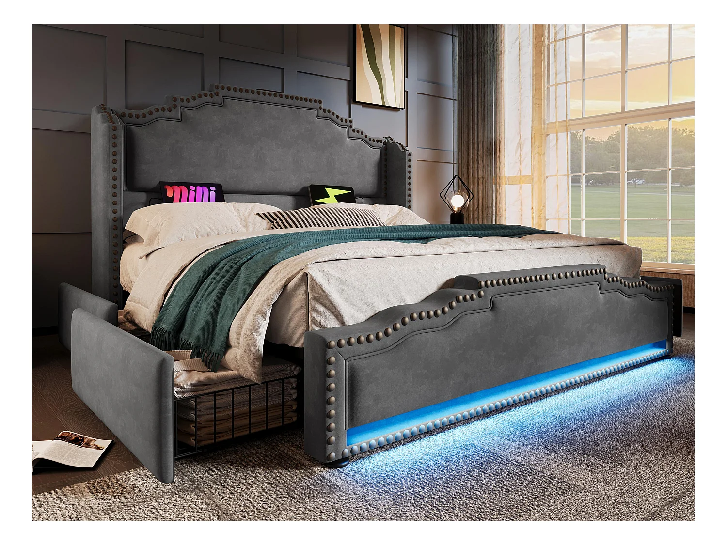 Lit double rembourré 160x200cm - avec 4 tiroirs - avec LED et ports de charge - Gris