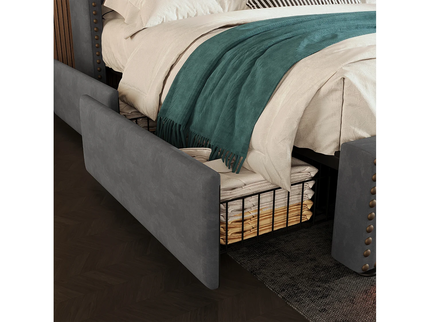 Lit double rembourré 160x200cm - avec 4 tiroirs - avec LED et ports de charge - Gris