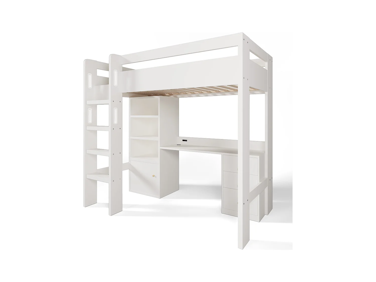 Mezzaninebed van 90x200 cm - met veiligheidsladder van 4 treden - met tafel - met plank - met veiligheidsbarrières - wit (zonder matras)