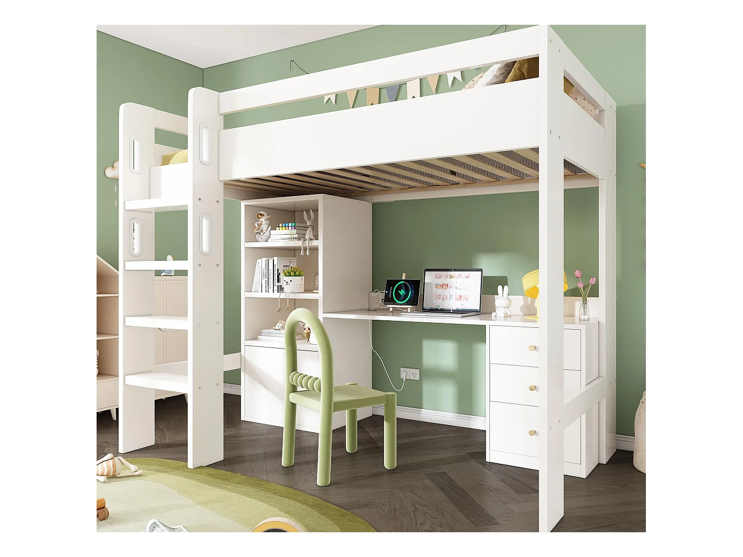 Lit mezzanine 90x200 cm - avec échelle de sécurité 4 marches - avec table - avec étagère - avec barrières de sécurité - blanc (sans matelas)