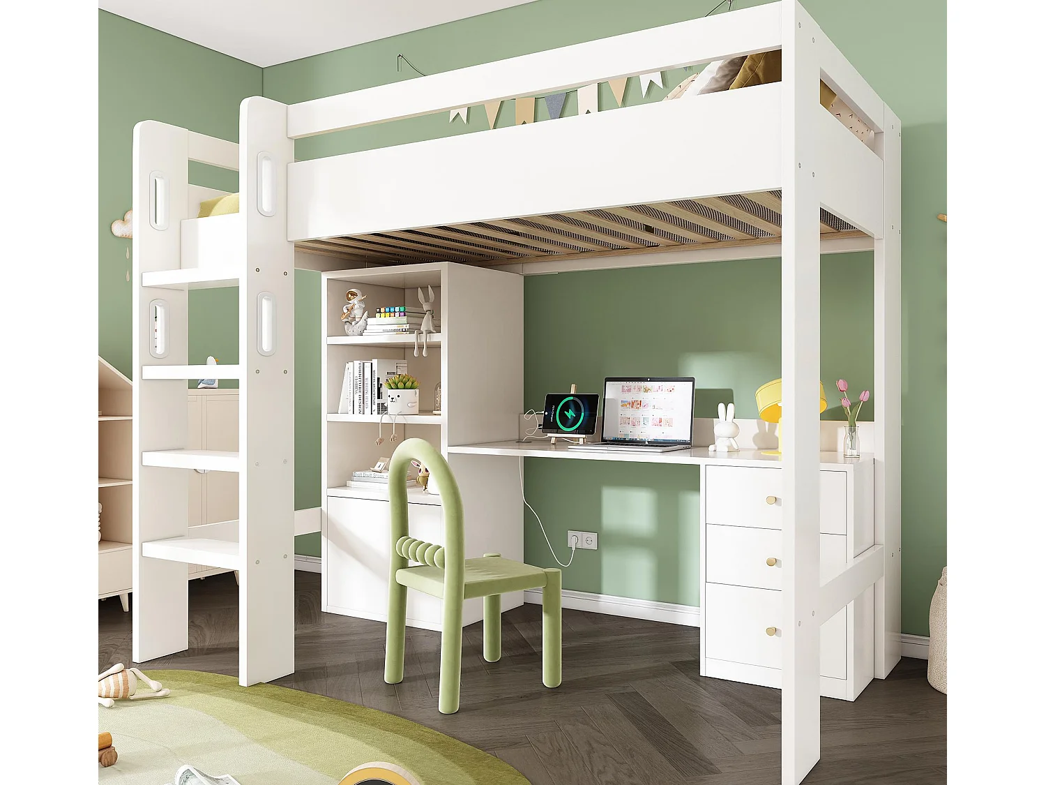 Lit mezzanine 90x200 cm - avec échelle de sécurité 4 marches - avec table - avec étagère - avec barrières de sécurité - blanc (sans matelas)