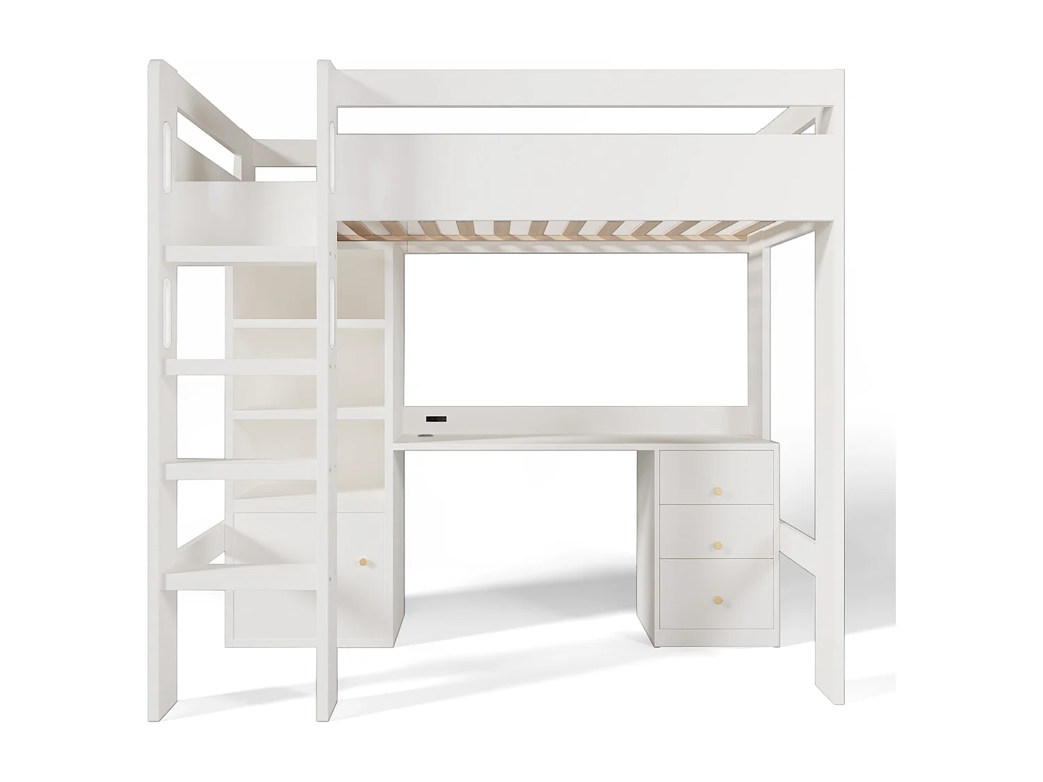 Lit mezzanine 90x200 cm - avec échelle de sécurité 4 marches - avec table - avec étagère - avec barrières de sécurité - blanc (sans matelas)