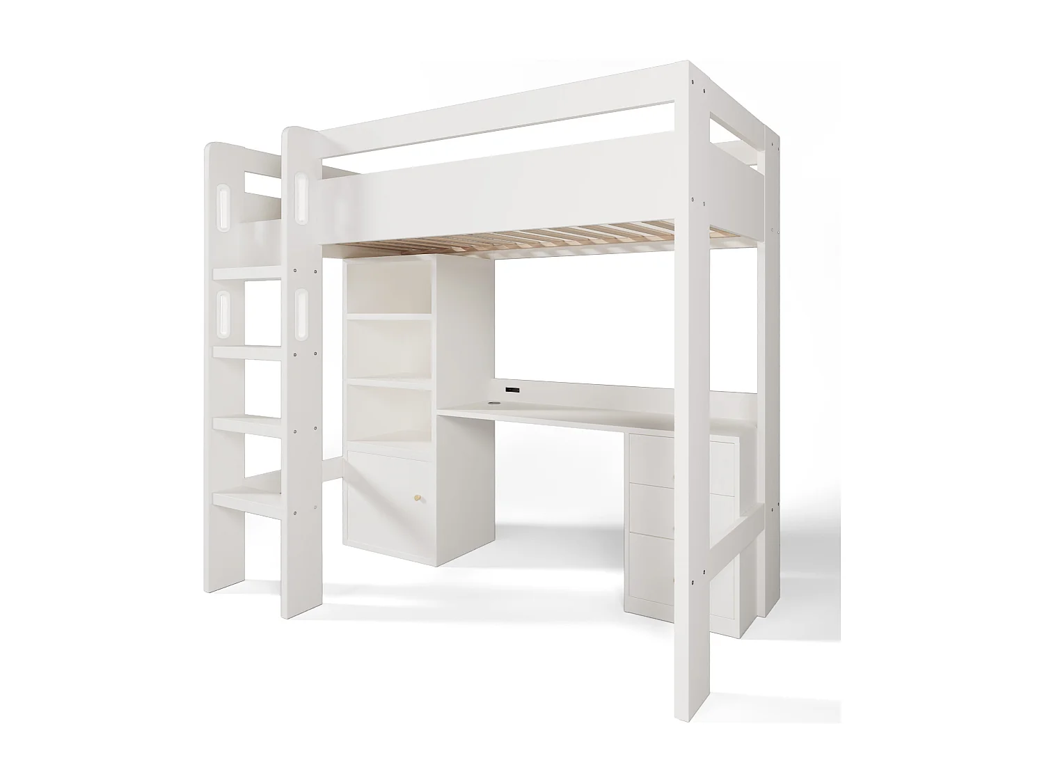 Lit mezzanine 90x200 cm - avec échelle de sécurité 4 marches - avec table - avec étagère - avec barrières de sécurité - blanc (sans matelas)