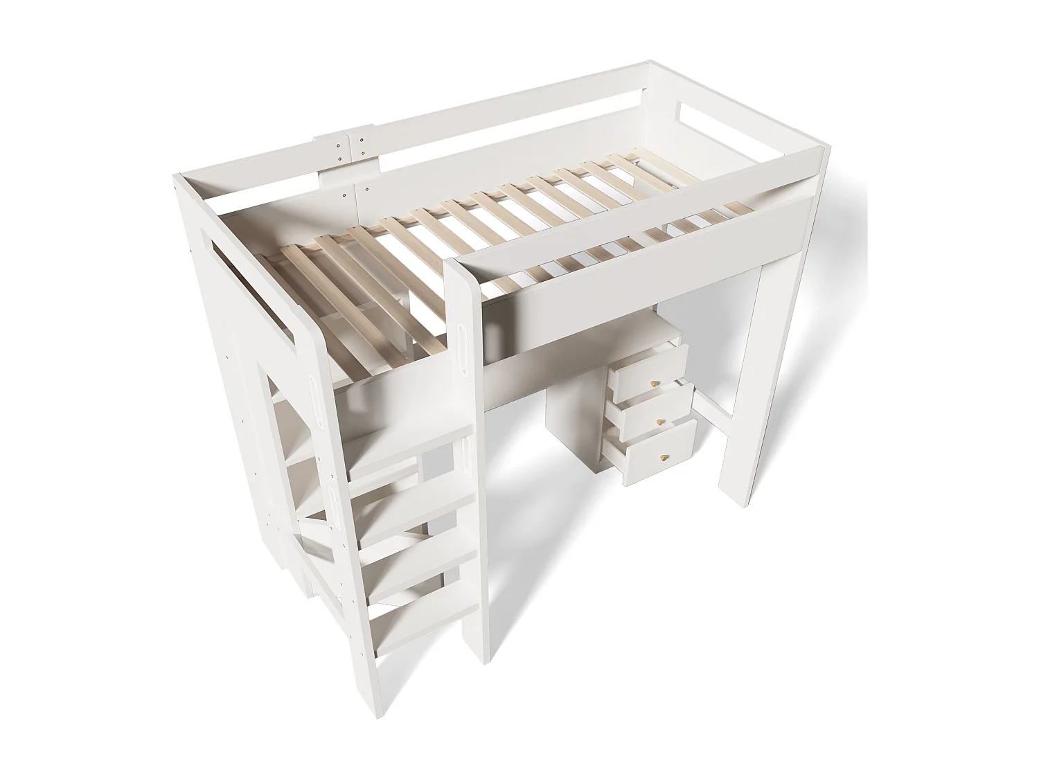 Lit mezzanine 90x200 cm - avec échelle de sécurité 4 marches - avec table - avec étagère - avec barrières de sécurité - blanc (sans matelas)