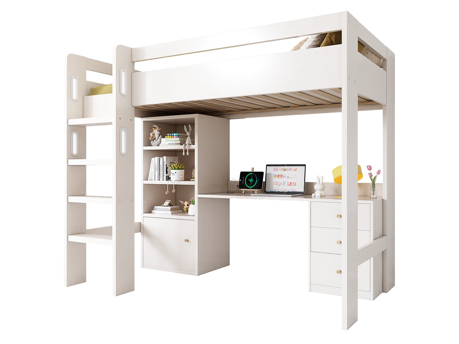 Lit mezzanine 90x200 cm - avec échelle de sécurité 4 marches - avec table - avec étagère - avec barrières de sécurité - blanc (sans matelas)