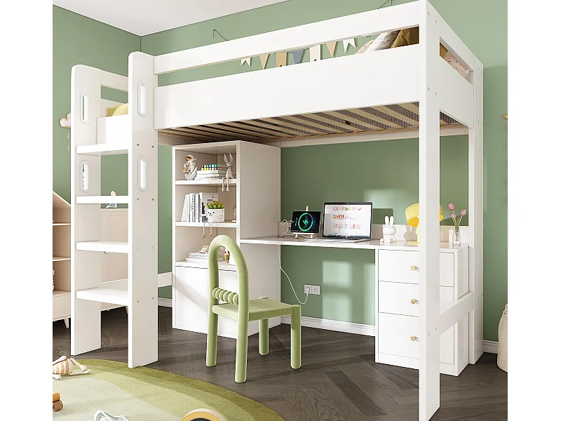 Lit mezzanine 90x200 cm - avec échelle de sécurité 4 marches - avec table - avec étagère - avec barrières de sécurité - blanc (sans matelas)