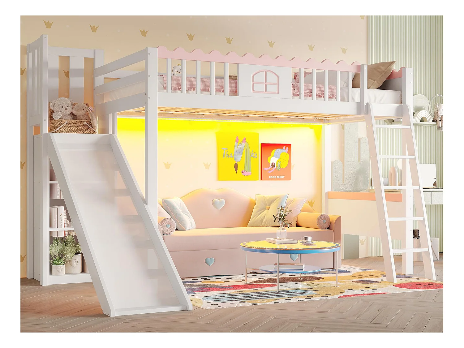 Cama mezanino infantil 90x200 cm - com iluminação LED - com prateleiras - com escorregador - de madeira maciça - Branco (sem colchão)