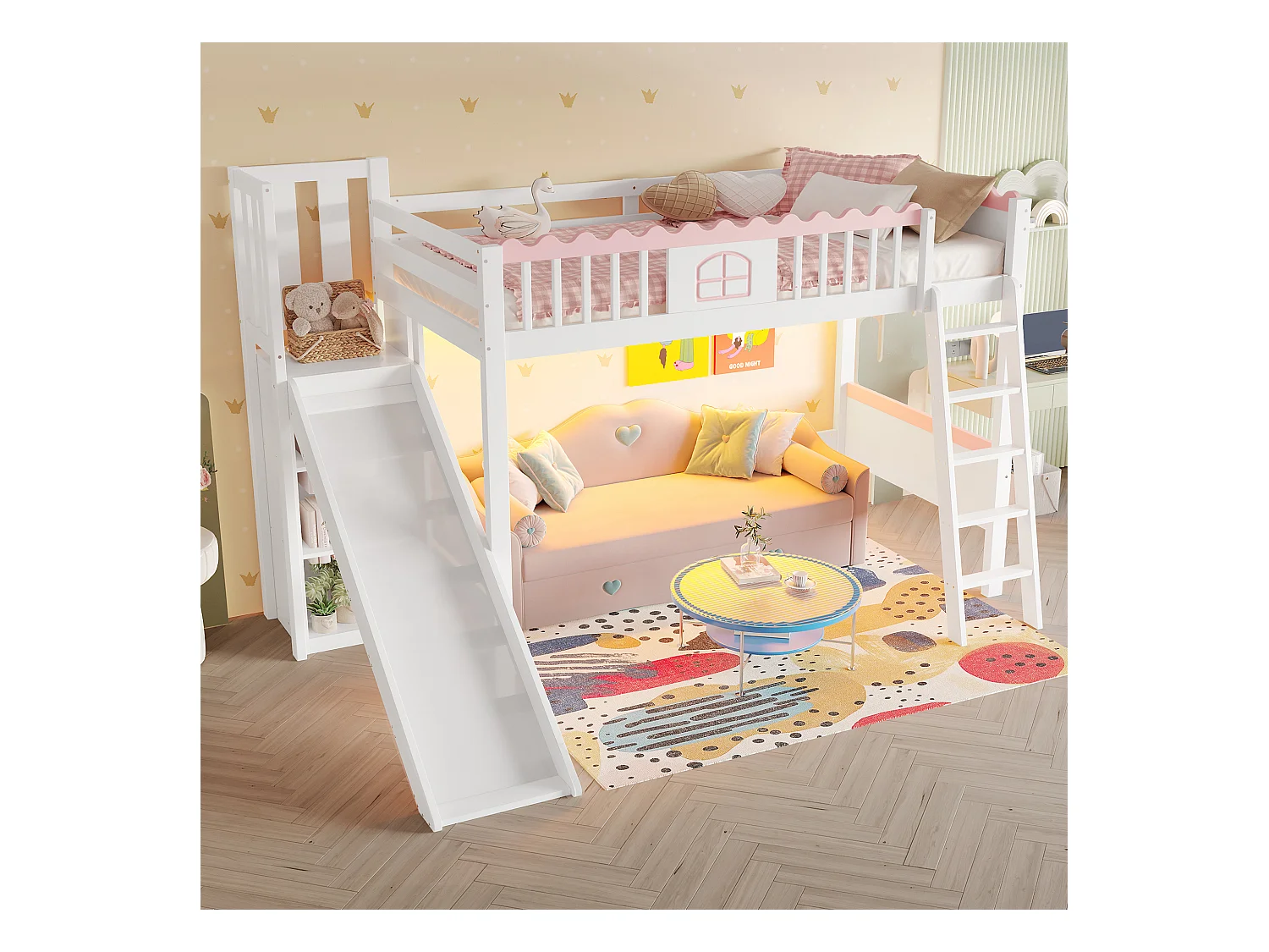 Cama mezanino infantil 90x200 cm - com iluminação LED - com prateleiras - com escorregador - de madeira maciça - Branco (sem colchão)