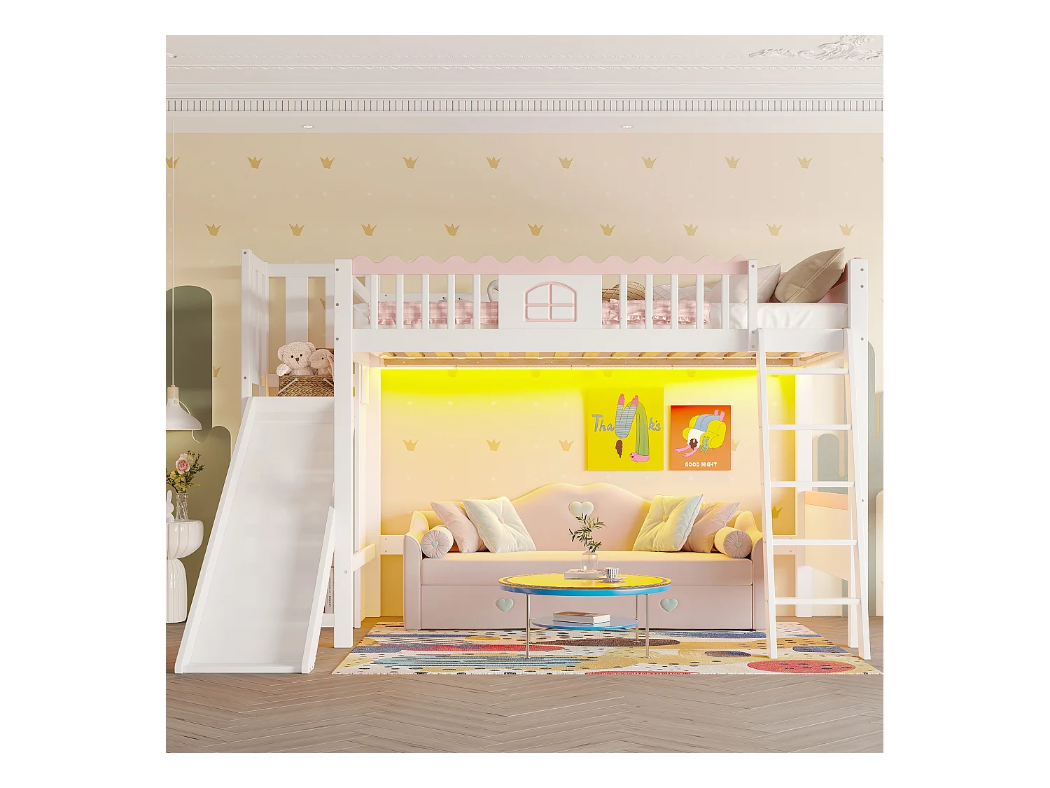Cama mezanino infantil 90x200 cm - com iluminação LED - com prateleiras - com escorregador - de madeira maciça - Branco (sem colchão)