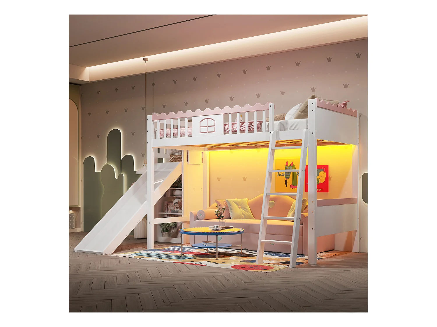 Cama mezanino infantil 90x200 cm - com iluminação LED - com prateleiras - com escorregador - de madeira maciça - Branco (sem colchão)