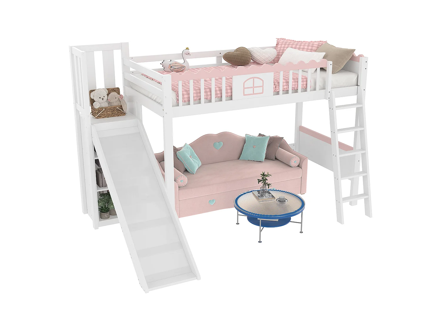 Cama mezanino infantil 90x200 cm - com iluminação LED - com prateleiras - com escorregador - de madeira maciça - Branco (sem colchão)